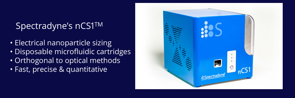 Spectradyne's nCS1 uses electrical sensing with disposable cartridges to detect nanoparticles 40 nm and larger